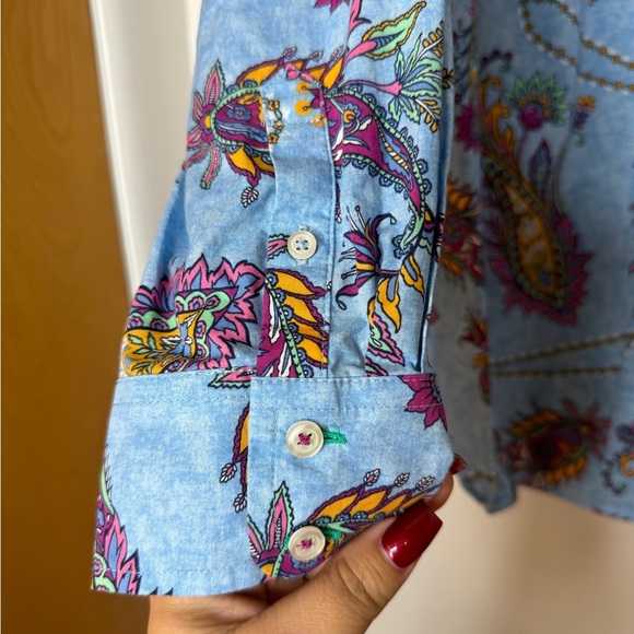 Talbots 100% Cotton Blue Paisley Print Button Front Blouse Size Medium - Picture 9 of 16